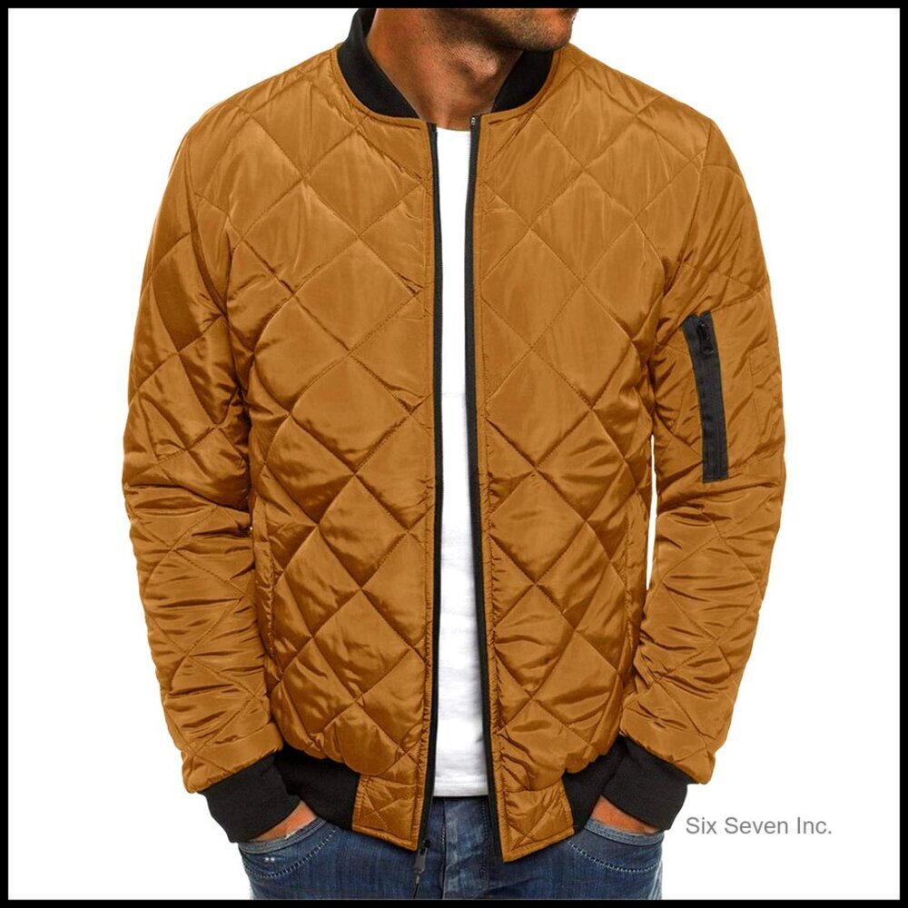 Men's Diamond Quilted Bomber Jacket Lightweight Varsity Coat Retro Style